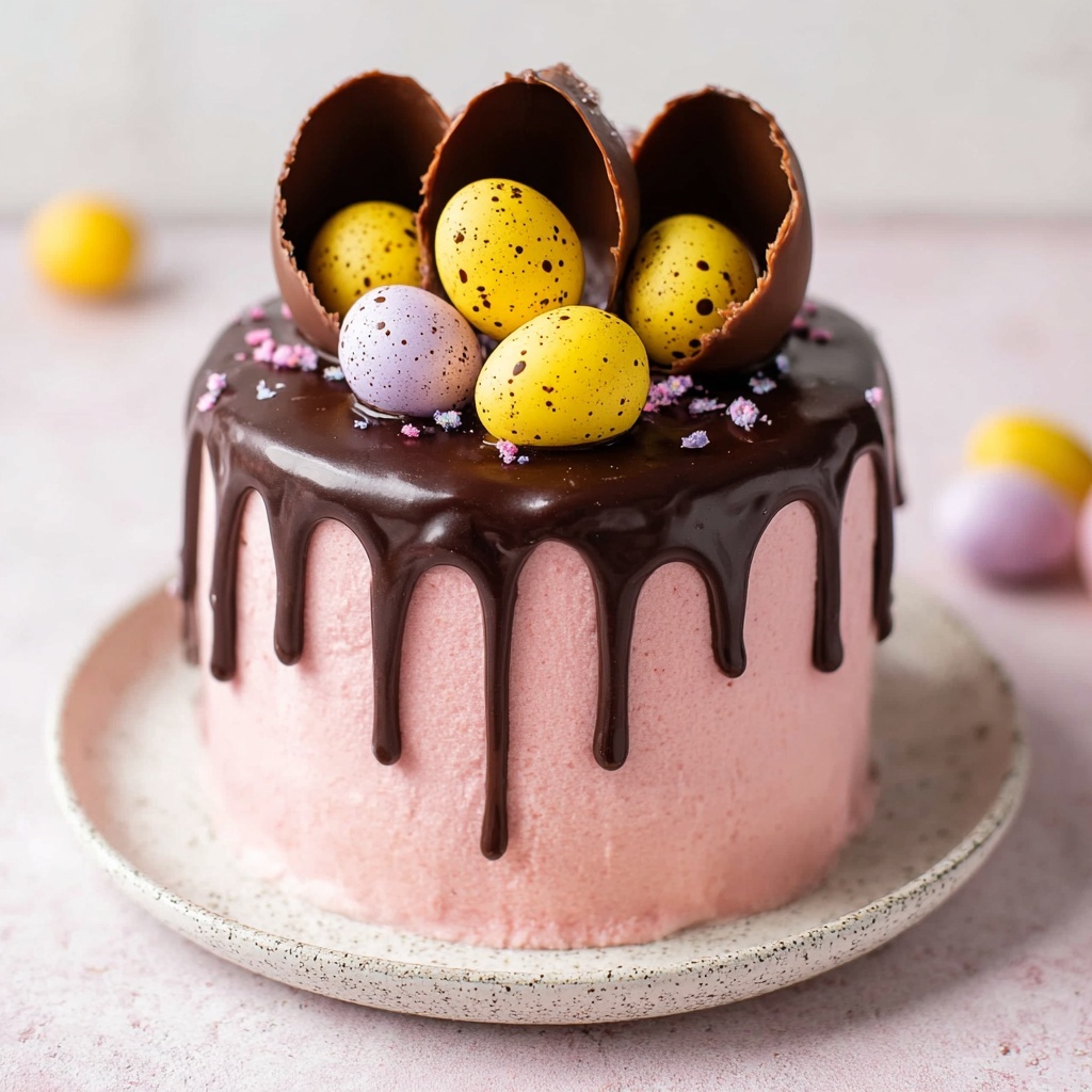 Vegan Easter Egg Cake with Strawberry Italian Meringue Buttercream and Chocolate Ganache Drip Recipe - Recipe Image