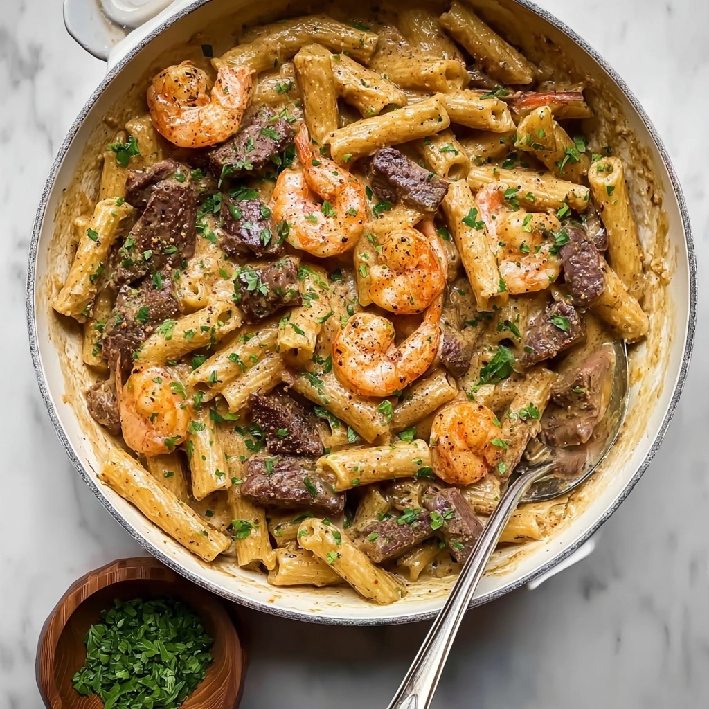 Blackened Steak and Shrimp Alfredo Recipe - Recipe Image