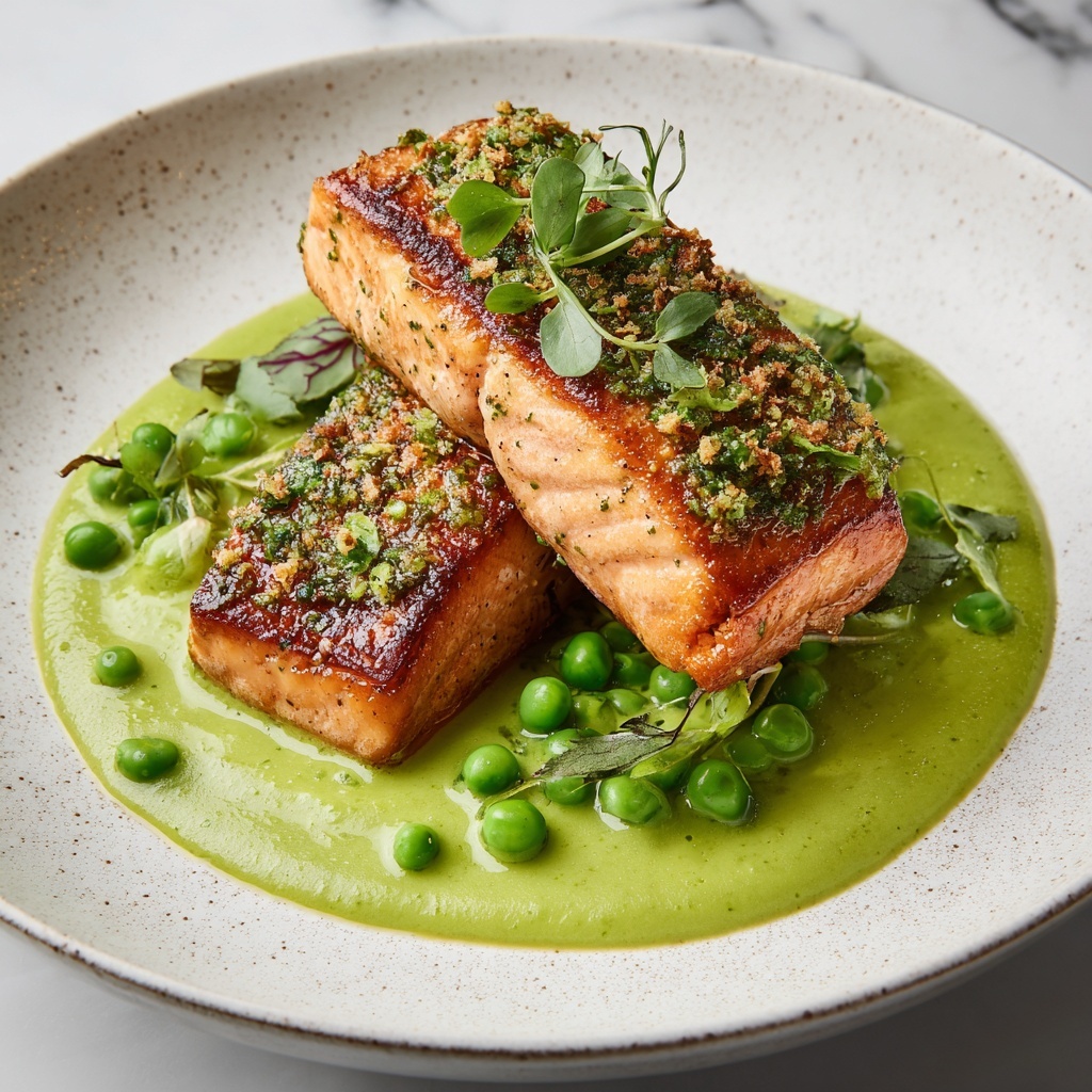 Seared Salmon with Pea Purée & Herb Crust Recipe - Recipe Image