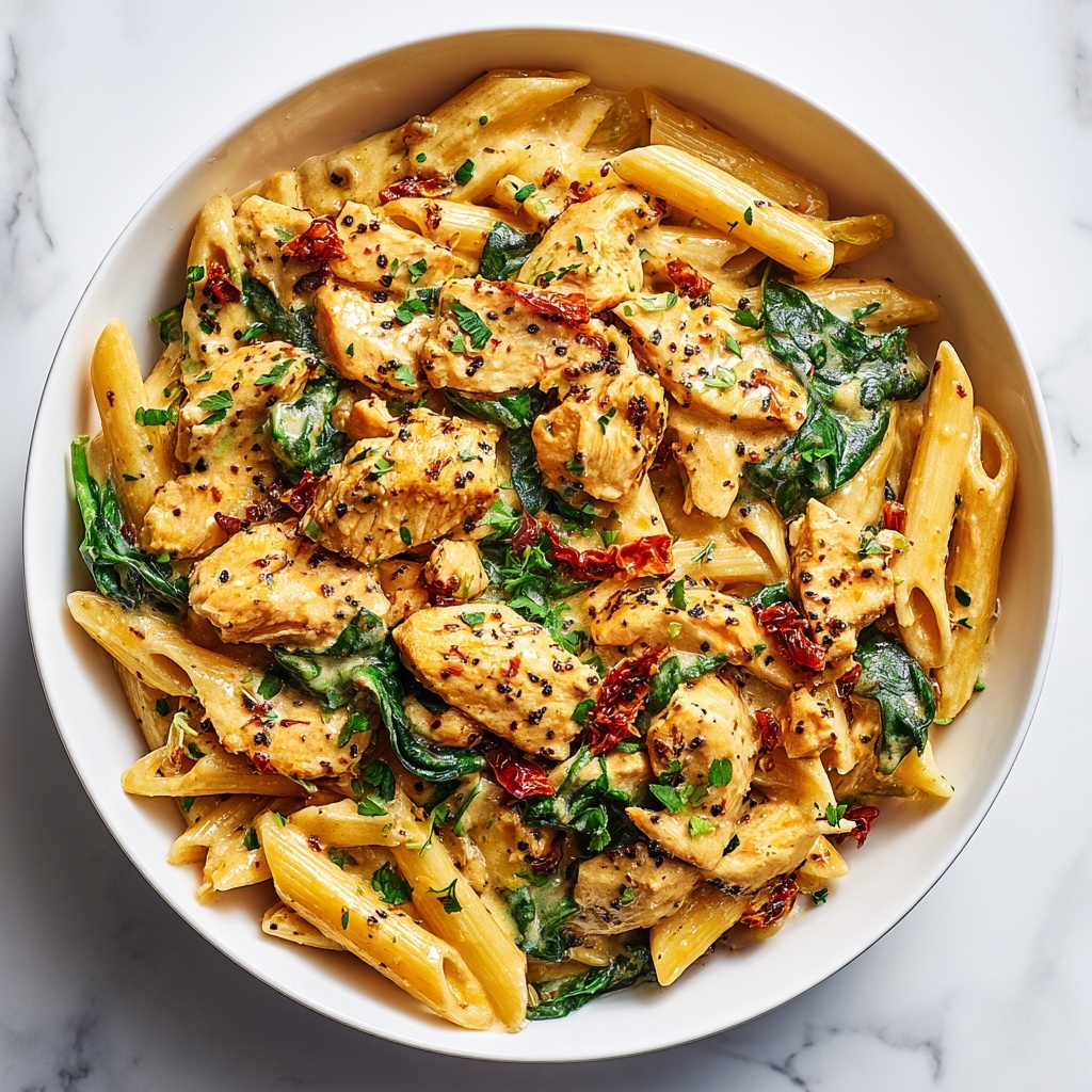 One-Pot Creamy Garlic Tuscan Chicken Pasta Recipe - Recipe Image