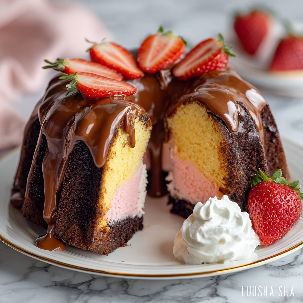 Neapolitan Bundt Cake with Strawberry, Chocolate, and Vanilla Layers Recipe - Recipe Image