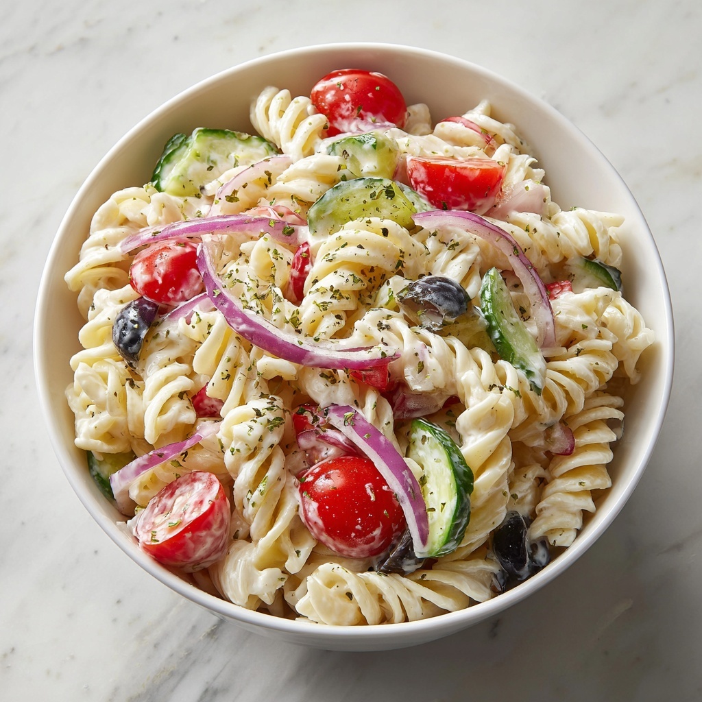 Creamy Rotini Pasta Salad with Cherry Tomatoes and Vegetables Recipe - Recipe Image