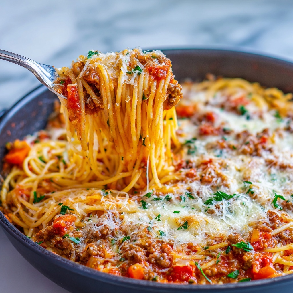 TikTok Spaghetti Bake with Creamy Meat Sauce and Melty Cheese Recipe - Recipe Image