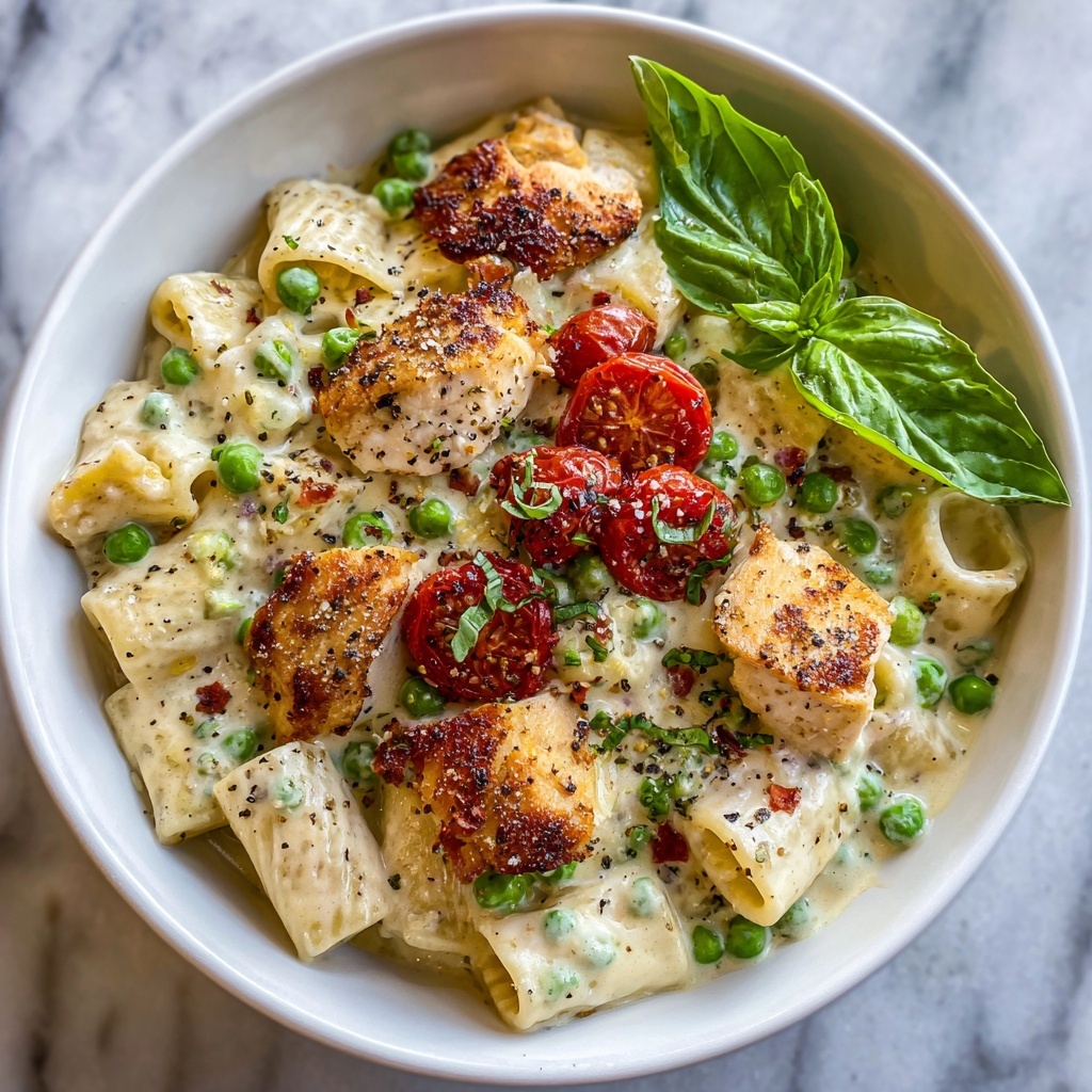 Creamy Chicken and Pea Carbonara Pasta Recipe - Recipe Image