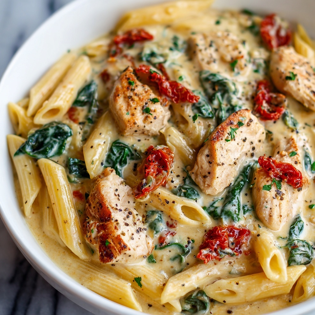 One-Pot Creamy Garlic Tuscan Chicken Pasta Recipe - Recipe Image