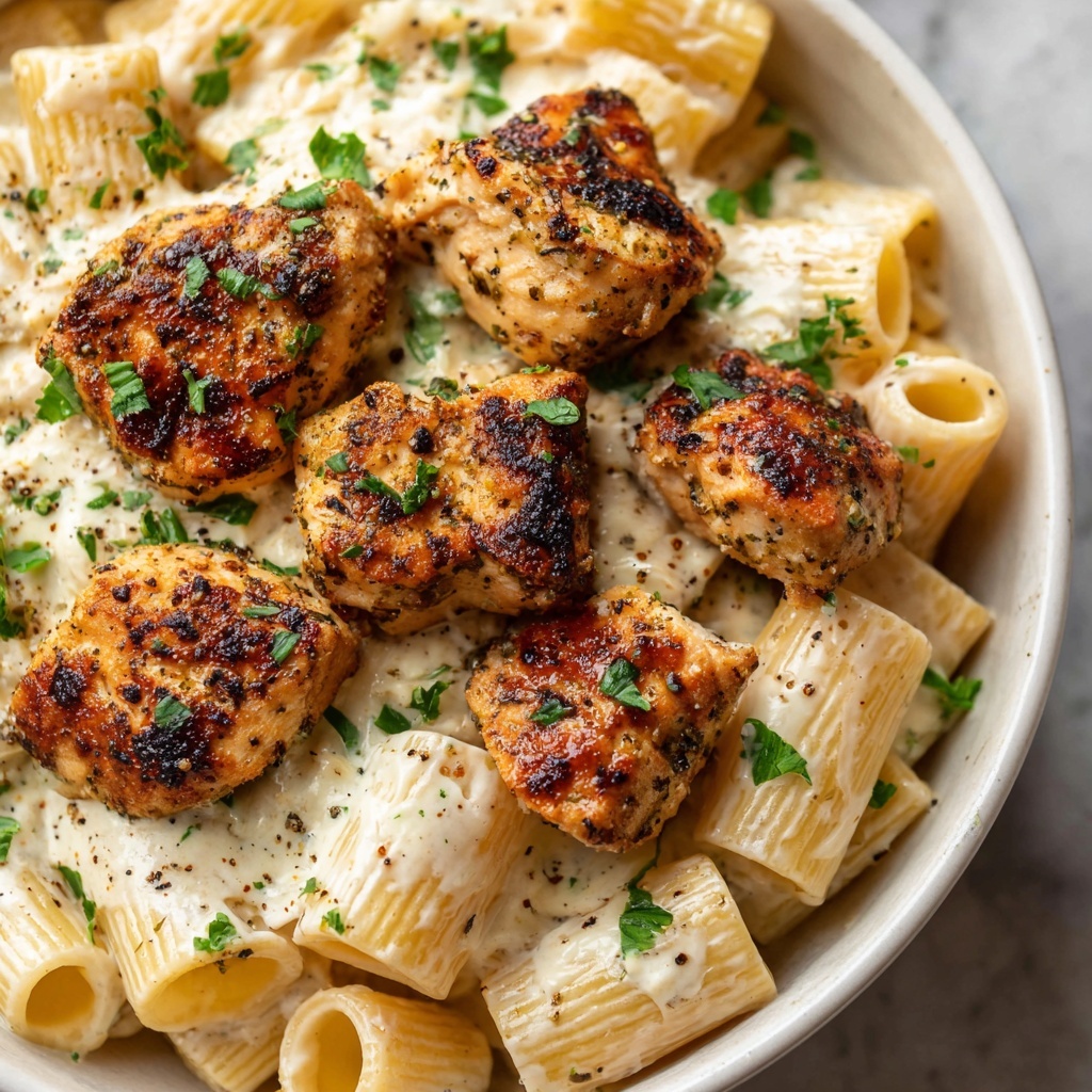 Creamy Garlic Butter Chicken and Rigatoni in Parmesan Sauce Recipe - Recipe Image