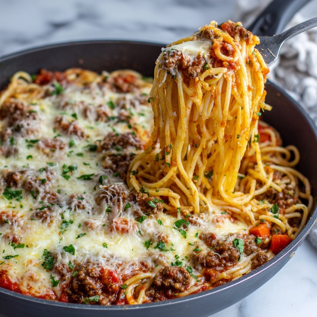 TikTok Spaghetti Bake with Creamy Meat Sauce and Melty Cheese Recipe - Recipe Image