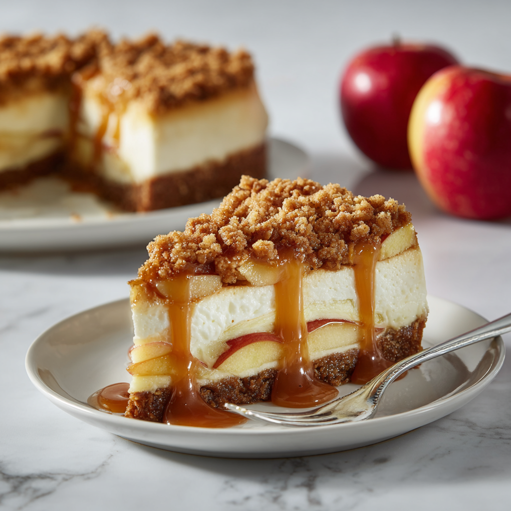 Apple Crisp Cheesecake with Caramel Drizzle Recipe - Recipe Image