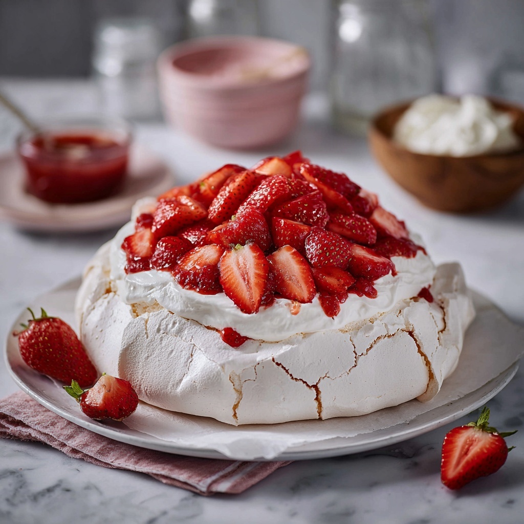 Vegan Pavlova with Strawberry Topping Recipe - Recipe Image