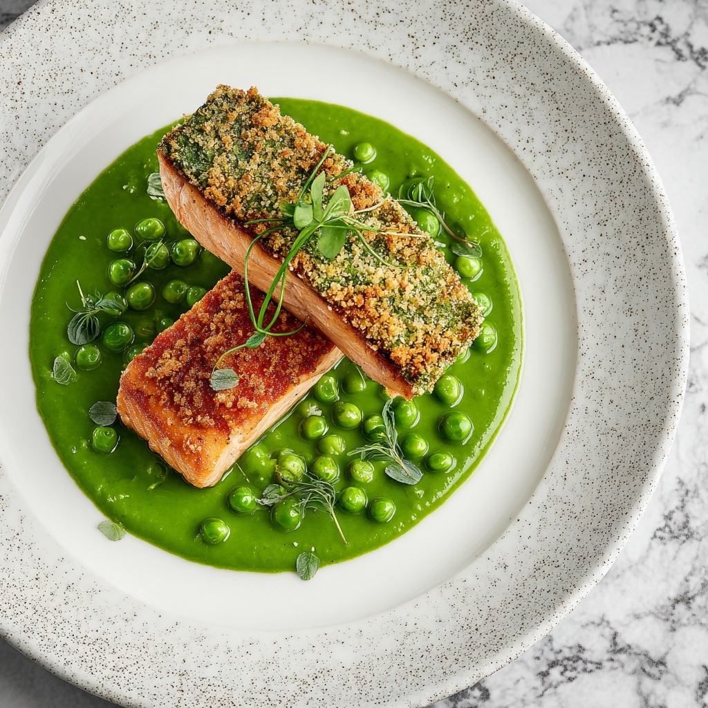 Seared Salmon with Pea Purée & Herb Crust Recipe - Recipe Image