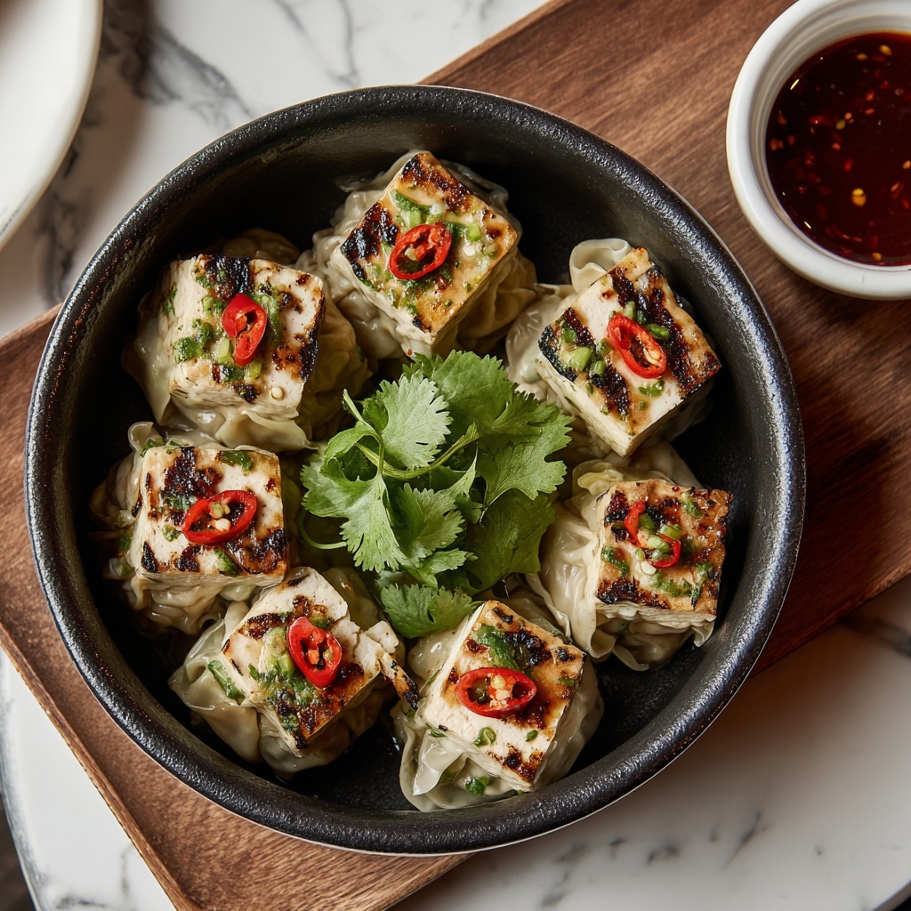 Savory Tofu and Vegetable Wontons with Spicy Dipping Sauce Recipe - Recipe Image