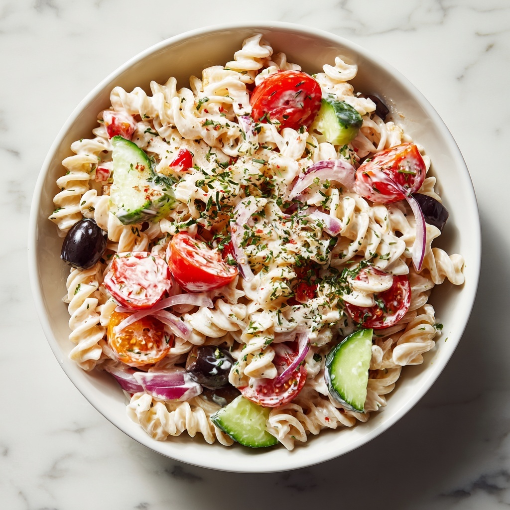 Creamy Rotini Pasta Salad with Cherry Tomatoes and Vegetables Recipe - Recipe Image