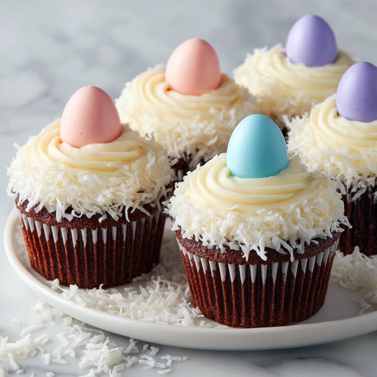 Chocolate Coconut Easter Cupcakes with Ganache Filling and Candy-Coated Eggs Recipe
