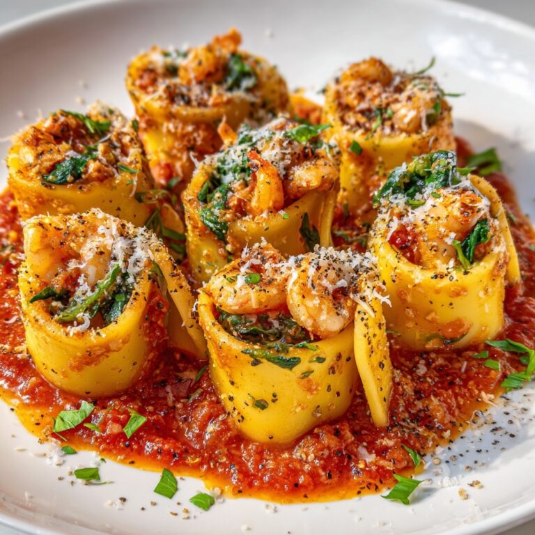 Shrimp and Spinach Stuffed Pasta Rolls in Creamy Red Pepper Sauce Recipe
