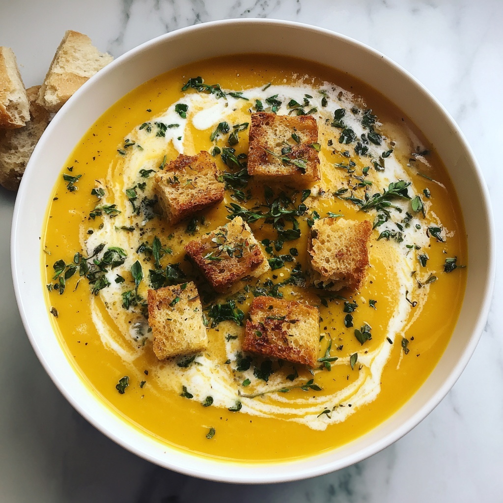 Creamy Butternut Squash Soup with Garlic Herb Croutons Recipe - Recipe Image