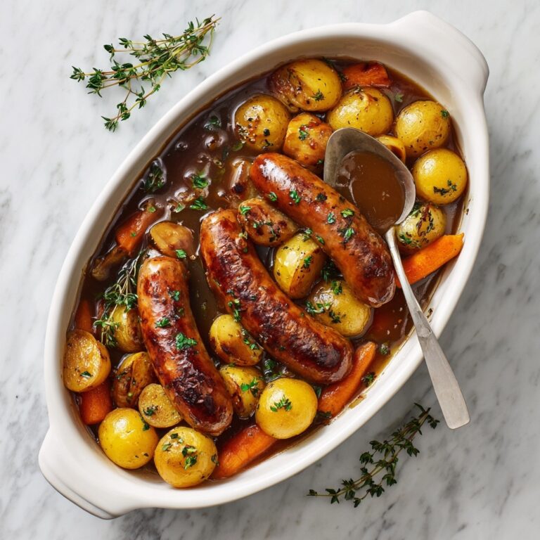 Oven Baked Sausages with Potatoes, Vegetables, and Gravy Recipe