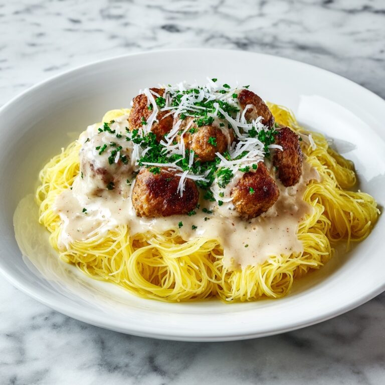 Easy Garlic Butter Meatballs Served Over Creamy Parmesan Linguine Recipe