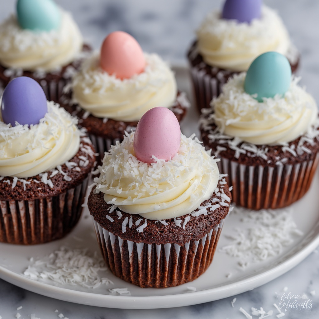 Chocolate Coconut Easter Cupcakes with Ganache Filling and Candy-Coated Eggs Recipe - Recipe Image
