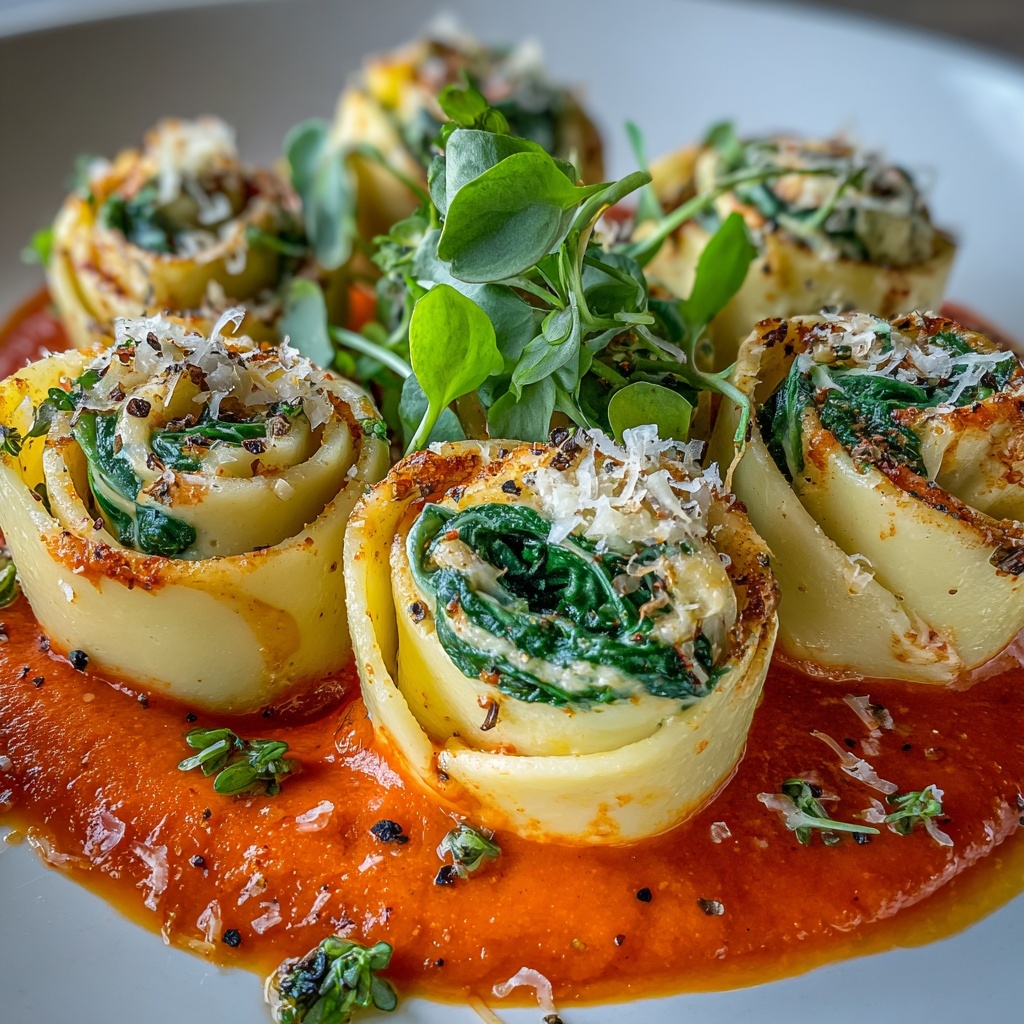 Shrimp and Spinach Stuffed Pasta Rolls in Creamy Red Pepper Sauce Recipe - Recipe Image