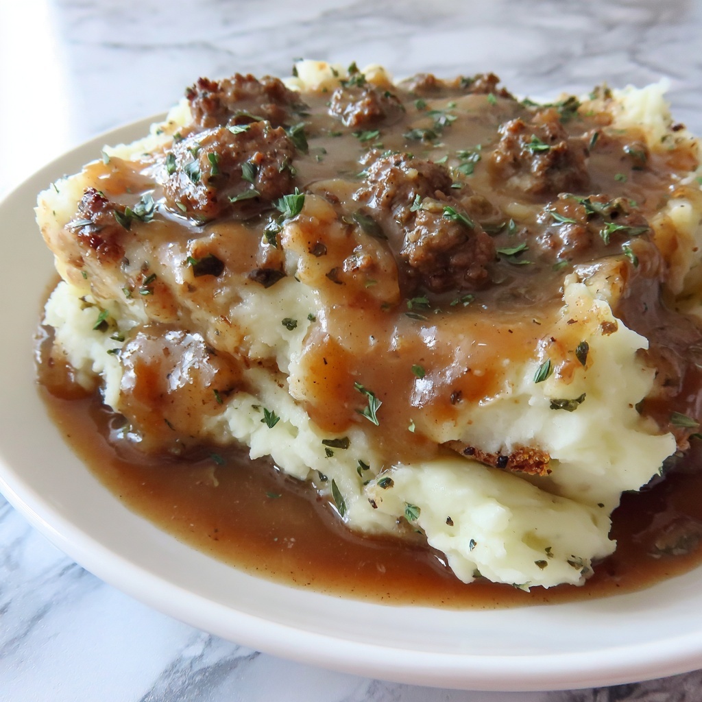 Ground Beef Gravy over Creamy Mashed Potatoes Recipe - Recipe Image