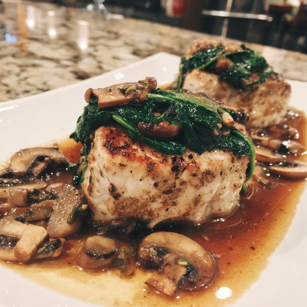 Goat Cheese & Spinach Stuffed Chicken Breast with Caramelized Onions and Mushrooms Recipe - Recipe Image