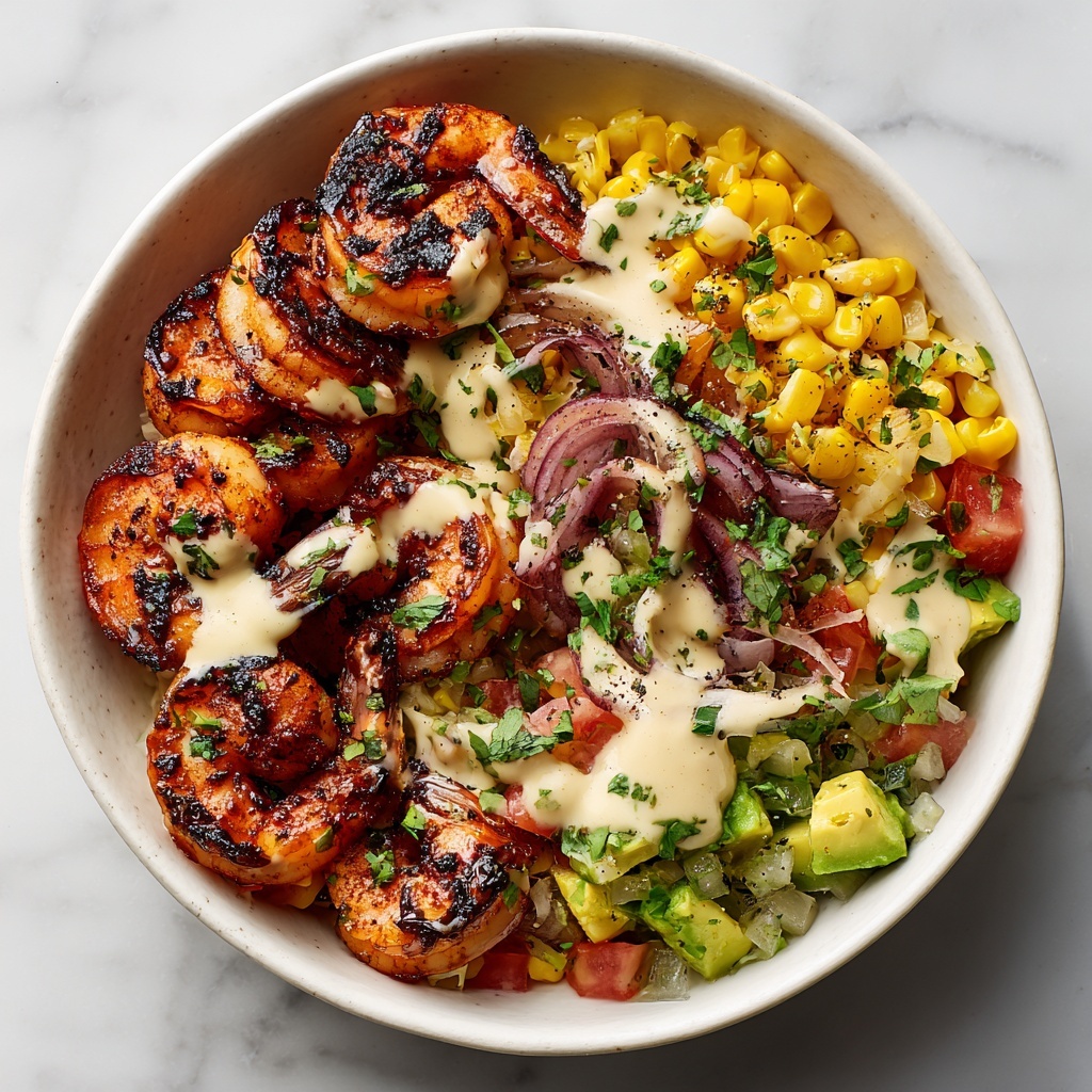 Grilled Shrimp Bowl with Avocado, Corn Salsa & Creamy Garlic Sauce Recipe - Recipe Image