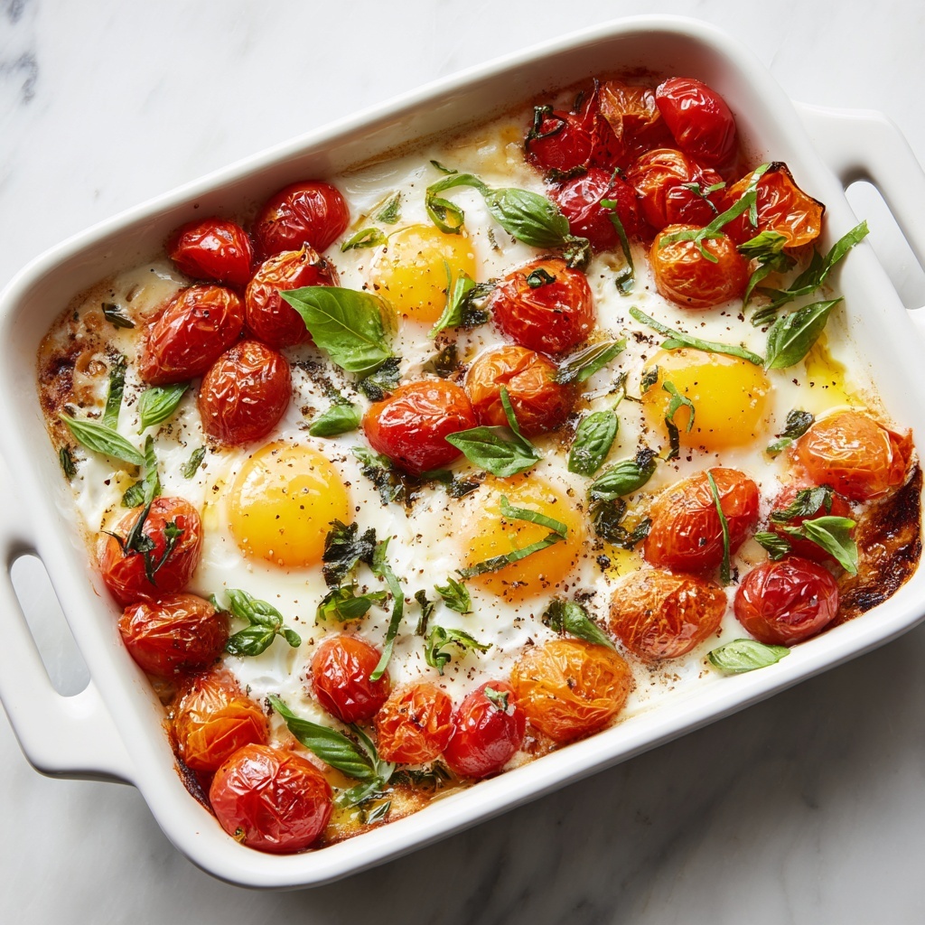 Breakfast Tomatoes Baked with Eggs and Fresh Basil Recipe - Recipe Image
