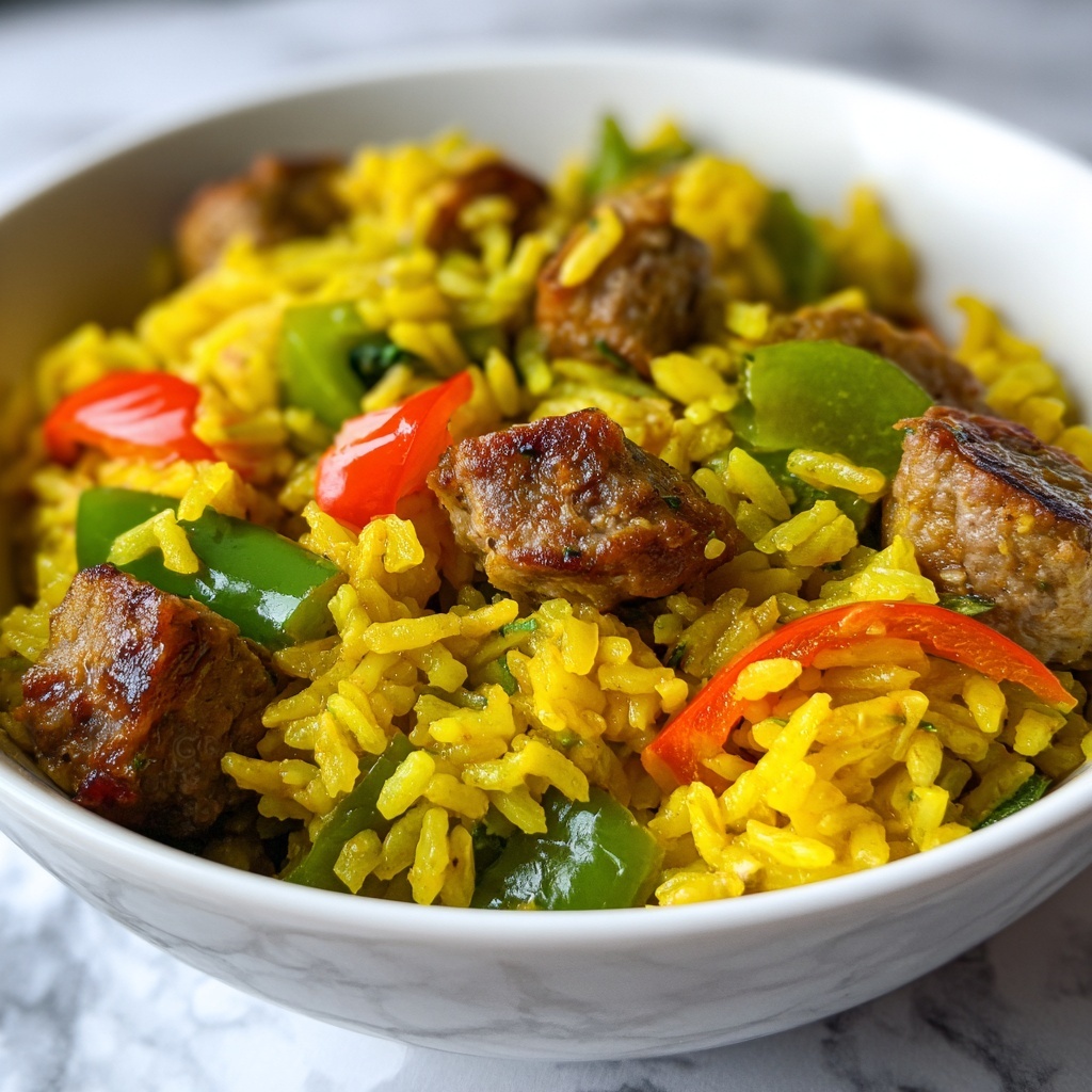 One Pan Sweet and Tangy BBQ Sausage Rice Recipe - Recipe Image