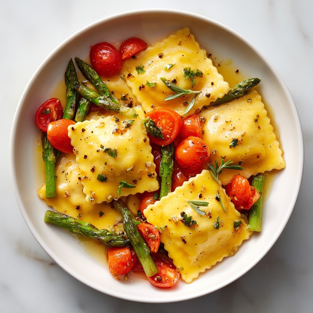 Ravioli with Cherry Tomatoes and Asparagus in Garlic Herb Sauce Recipe - Recipe Image