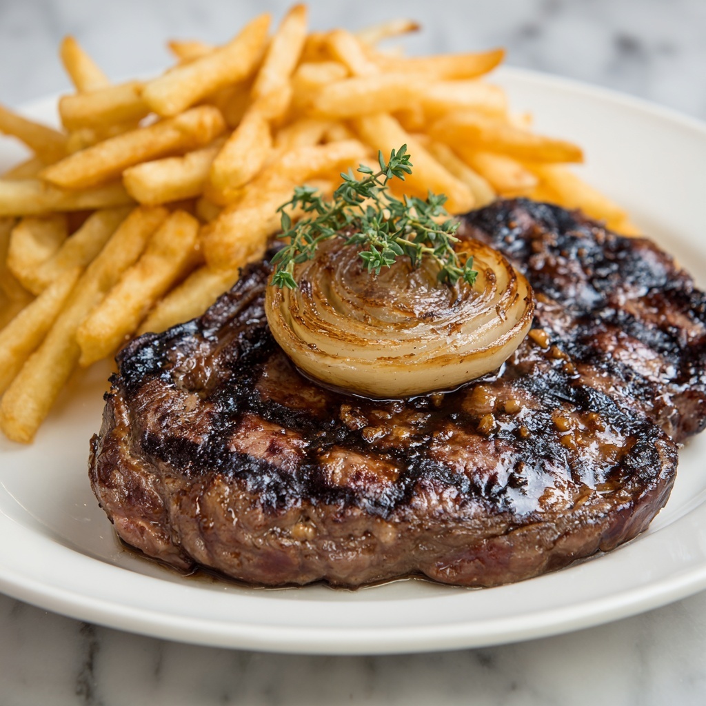 Ribeye Steak with Caramelized Onions and Crispy French Fries Recipe - Recipe Image
