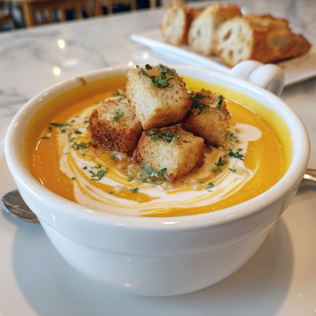 Creamy Butternut Squash Soup with Garlic Herb Croutons Recipe - Recipe Image