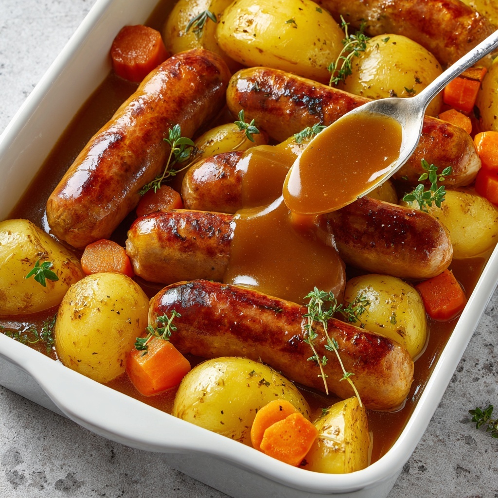 Oven Baked Sausages with Potatoes, Vegetables, and Gravy Recipe - Recipe Image