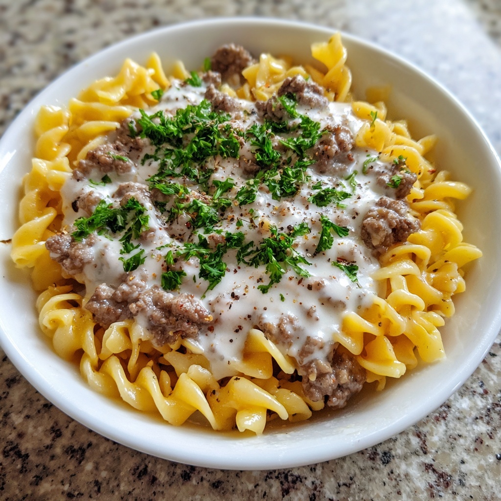 Beef and Rotini in Garlic Parmesan Sauce Recipe - Recipe Image