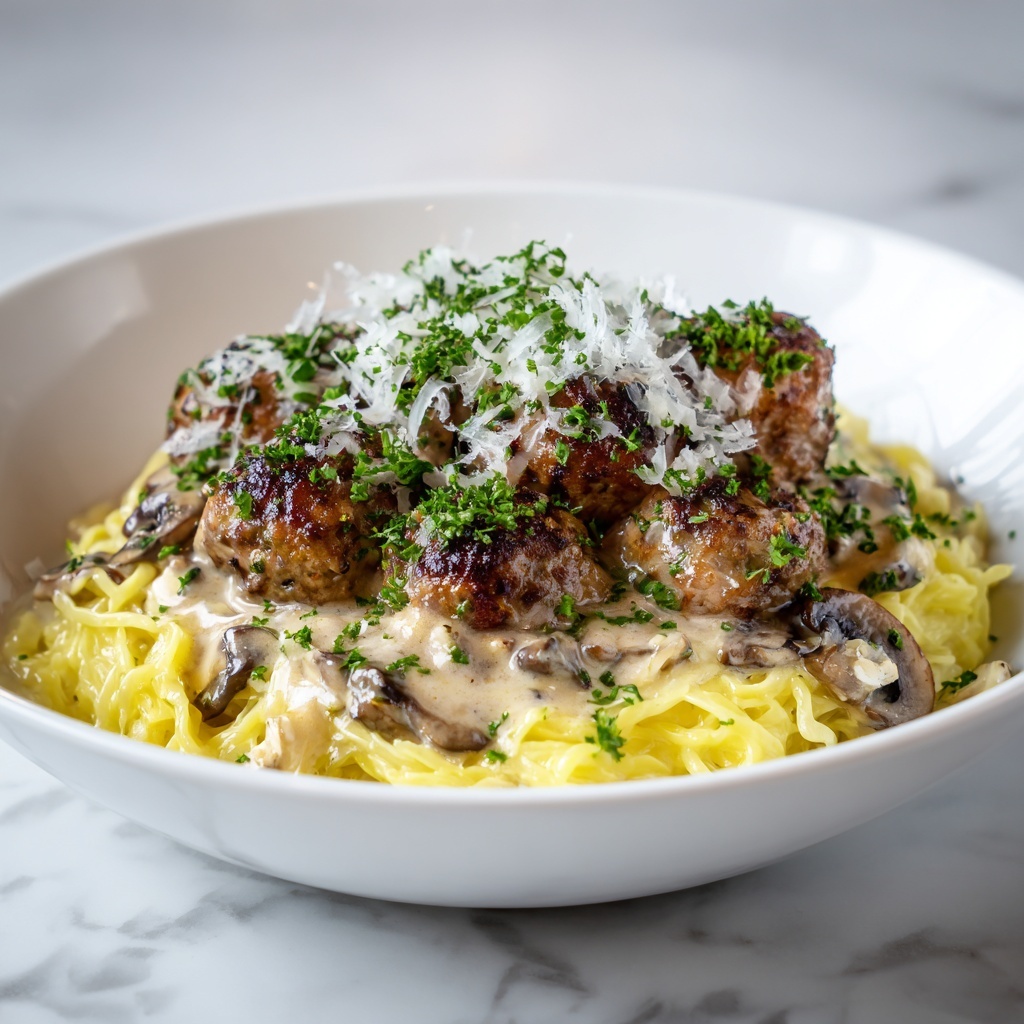 Easy Garlic Butter Meatballs Served Over Creamy Parmesan Linguine Recipe - Recipe Image