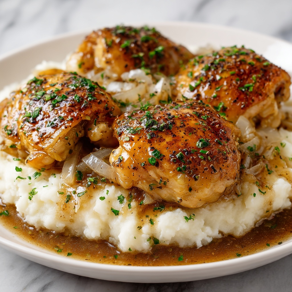 Smothered Chicken Thighs with Rich Onion Gravy Recipe - Recipe Image