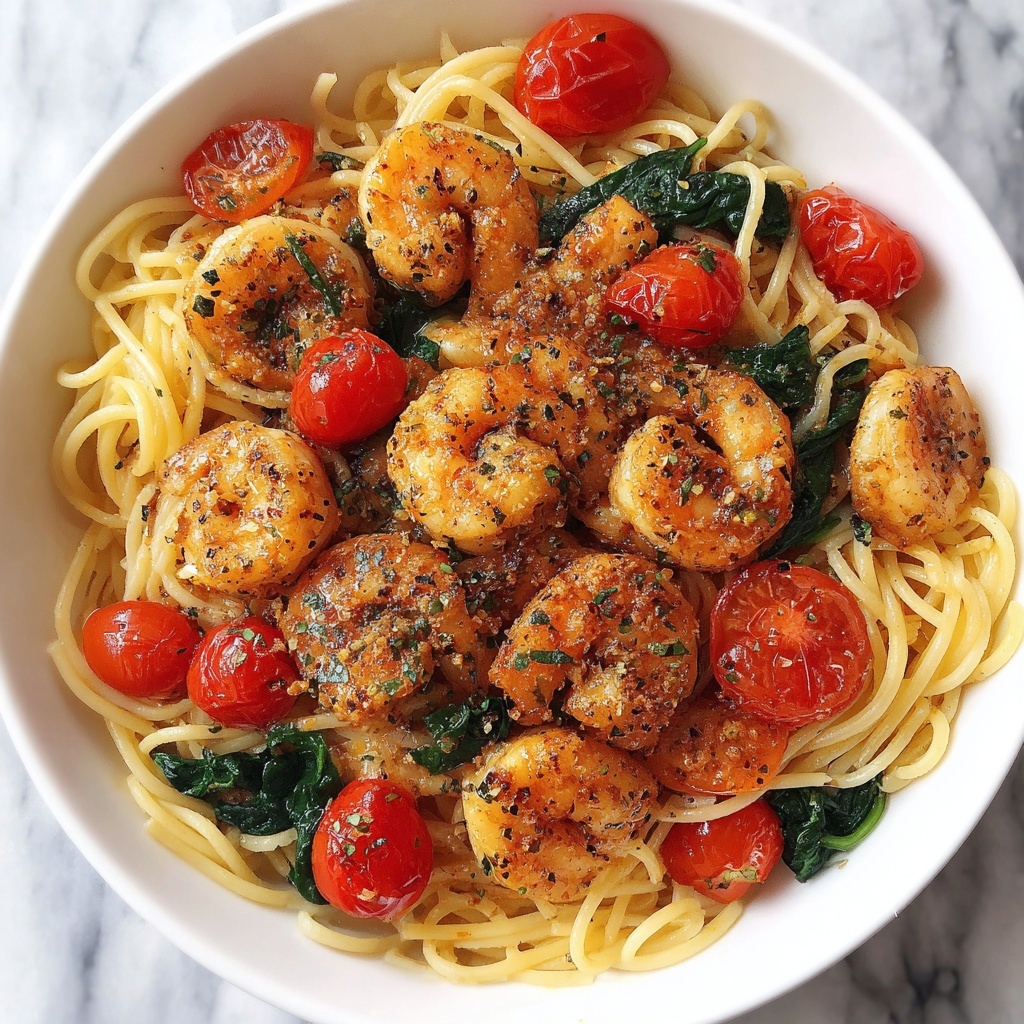 Shrimp Tomato Spinach Pasta in Garlic Butter Sauce Recipe - Recipe Image