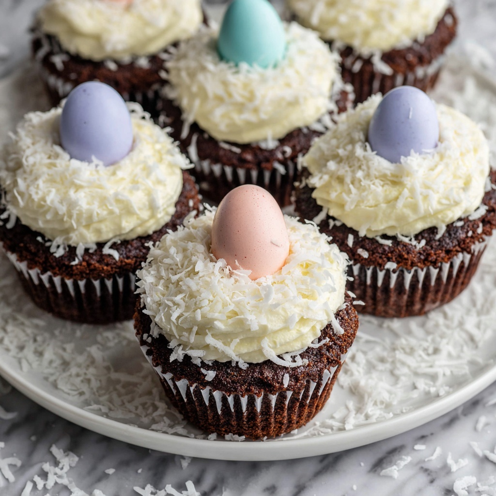 Chocolate Coconut Easter Cupcakes with Ganache Filling and Candy-Coated Eggs Recipe - Recipe Image