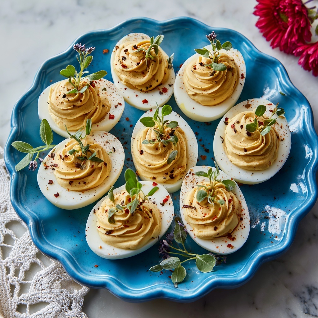 Grilled Deviled Eggs with Pickled Red Onions and Chives Recipe - Recipe Image