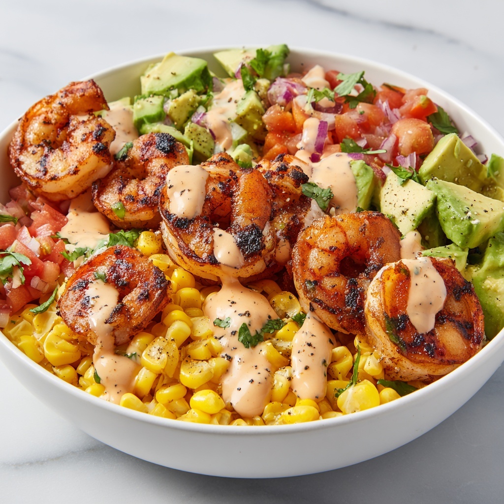 Grilled Shrimp Bowl with Avocado, Corn Salsa & Creamy Garlic Sauce Recipe - Recipe Image