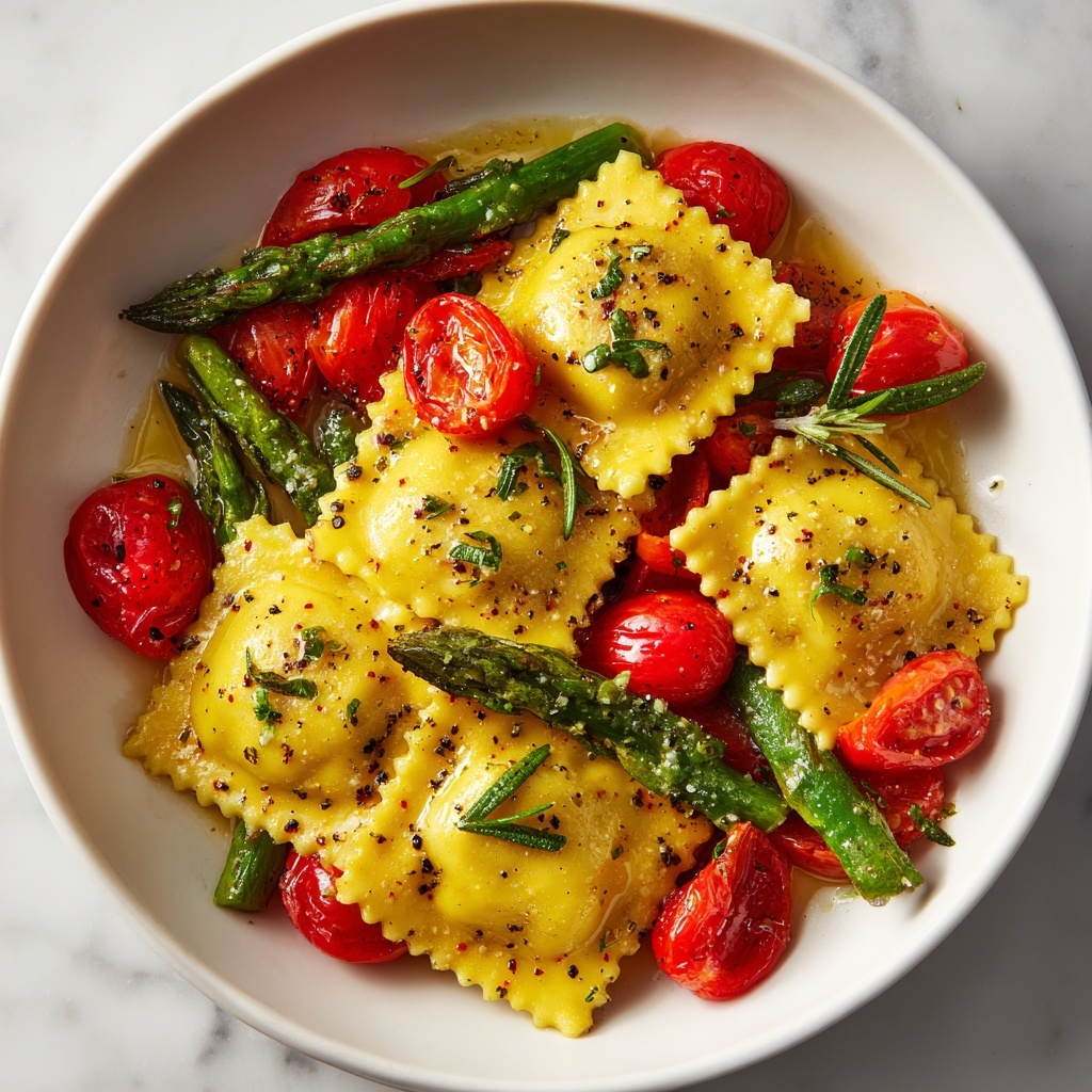 Ravioli with Cherry Tomatoes and Asparagus in Garlic Herb Sauce Recipe - Recipe Image