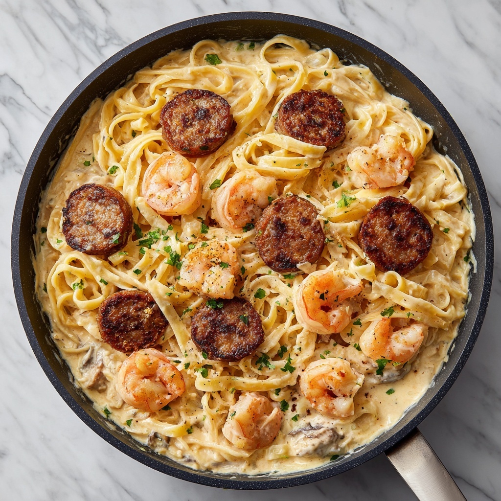 Garlic Butter Shrimp and Sausage Skillet Pasta Recipe - Recipe Image