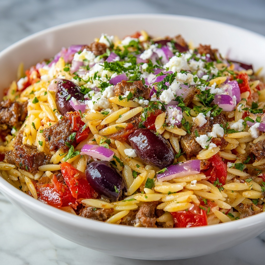 Greek Beef Orzo Pasta with Feta and Kalamata Olives Recipe - Recipe Image