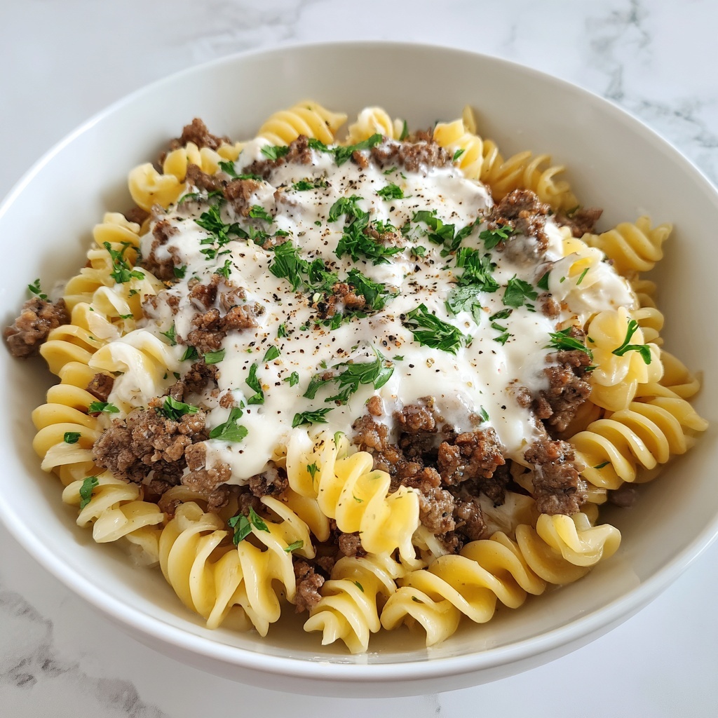 Beef and Rotini in Garlic Parmesan Sauce Recipe - Recipe Image