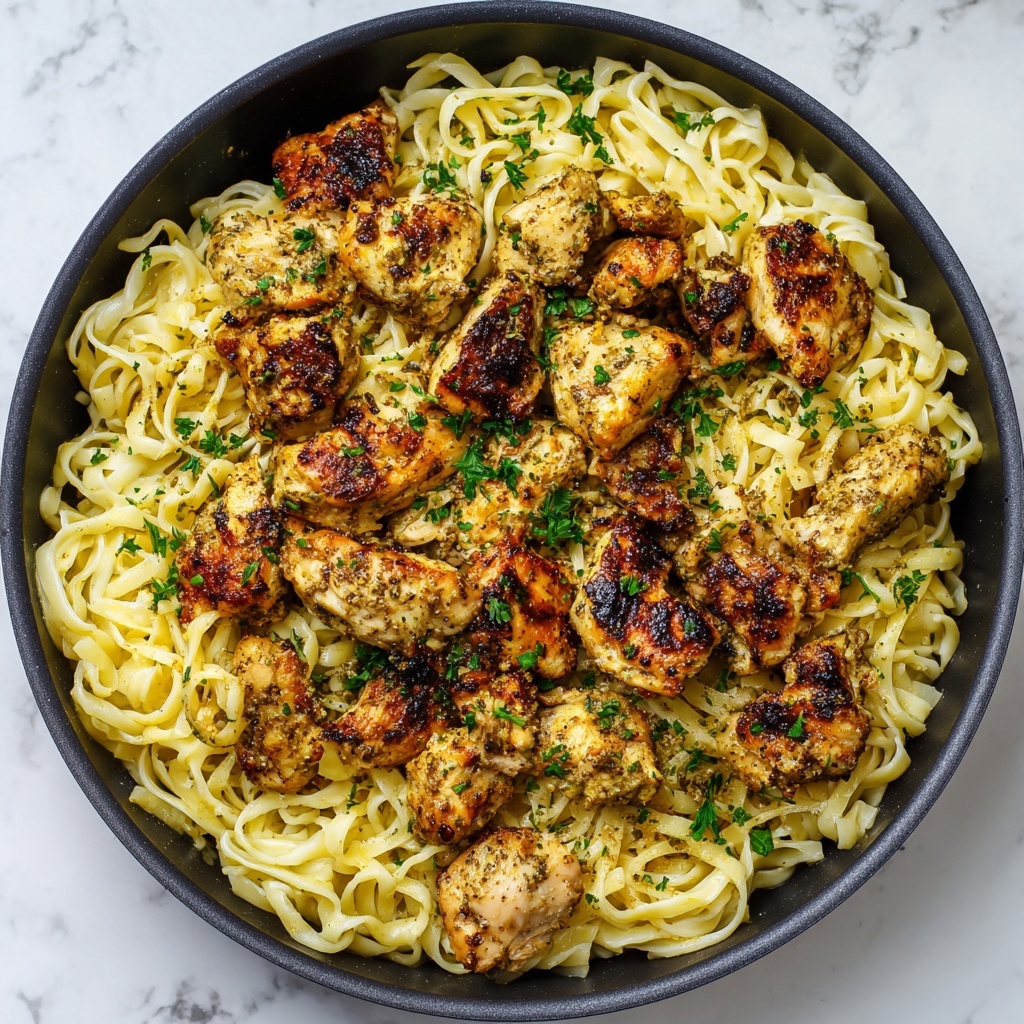 Garlic Butter Chicken Bites with Savory Creamy Parmesan Pasta Recipe - Recipe Image