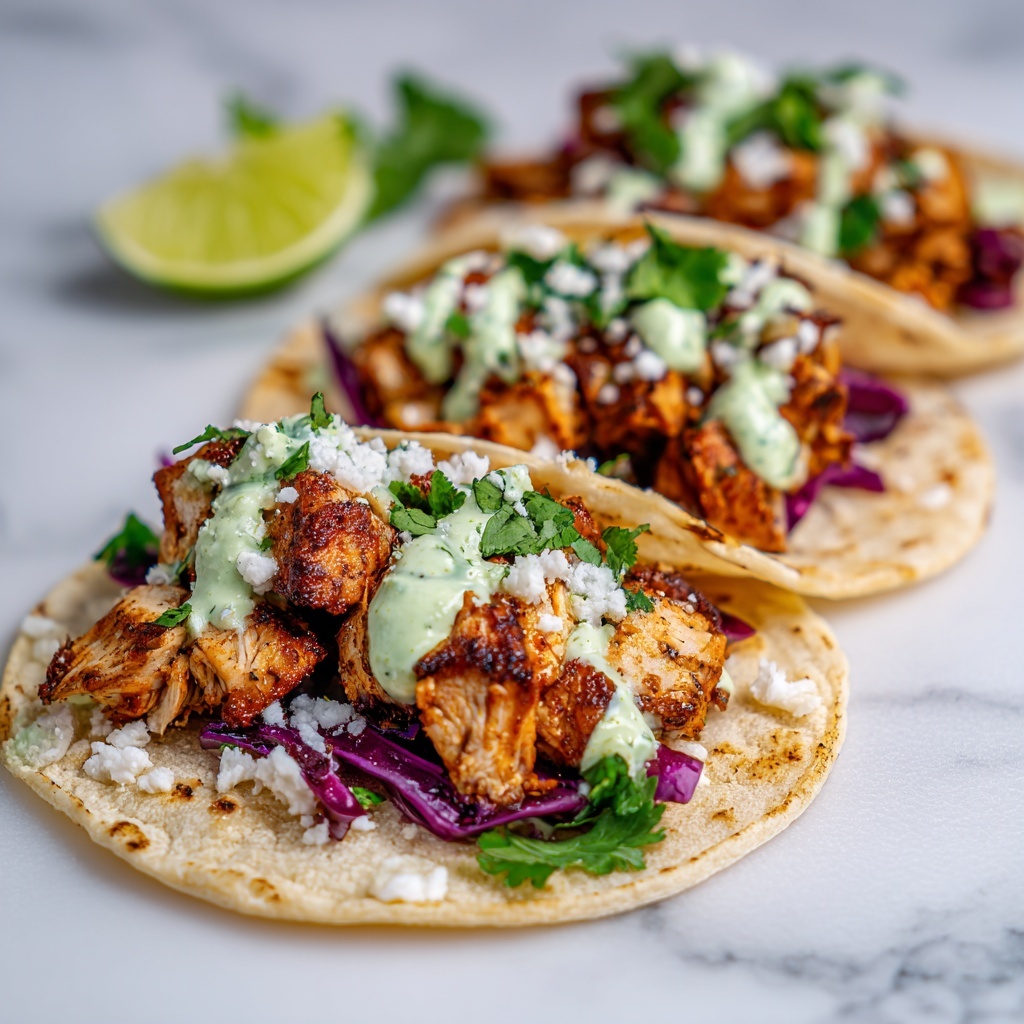 Chicken Street Tacos with Cilantro, Purple Cabbage, and Creamy Tomatillo Dressing Recipe - Recipe Image