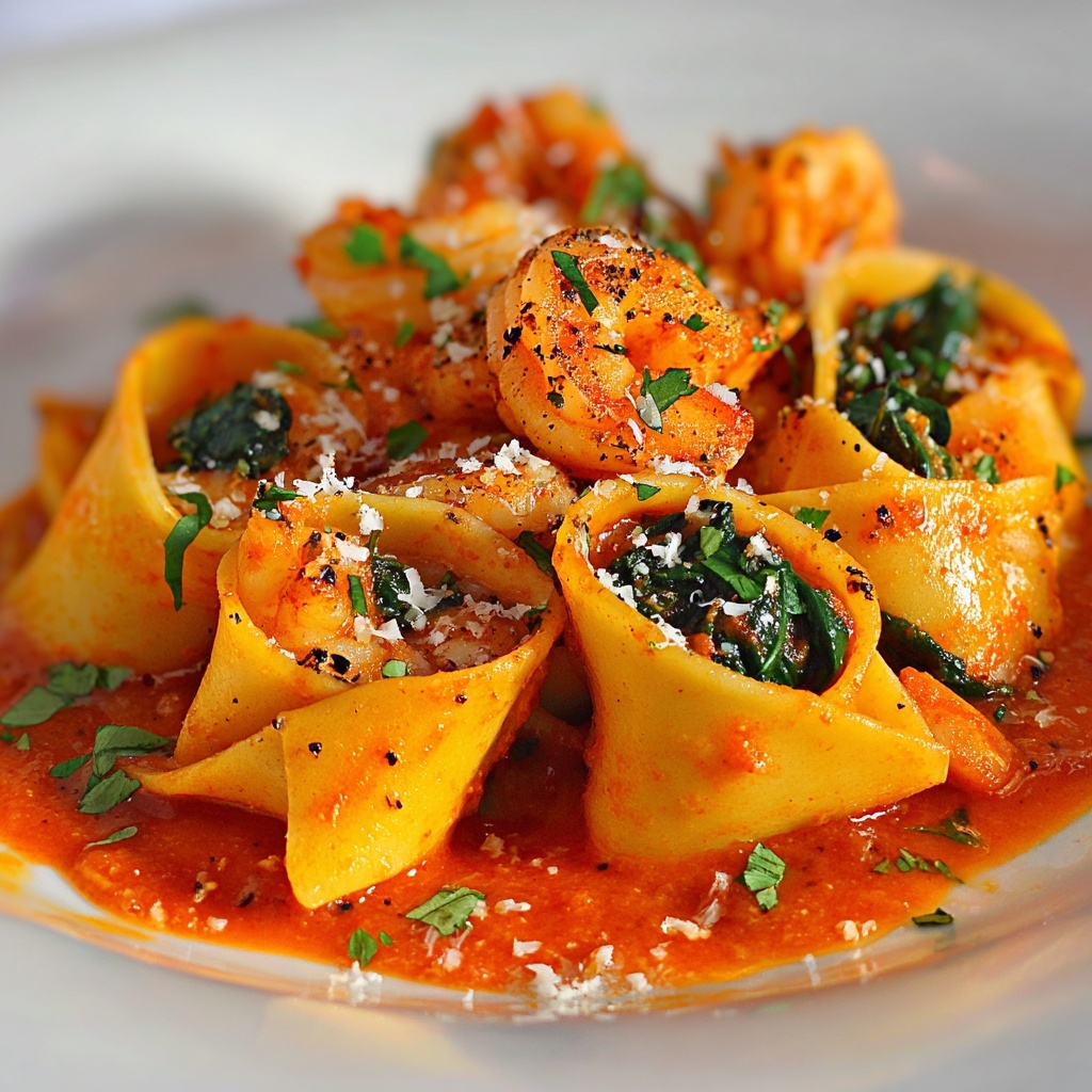 Shrimp and Spinach Stuffed Pasta Rolls in Creamy Red Pepper Sauce Recipe - Recipe Image