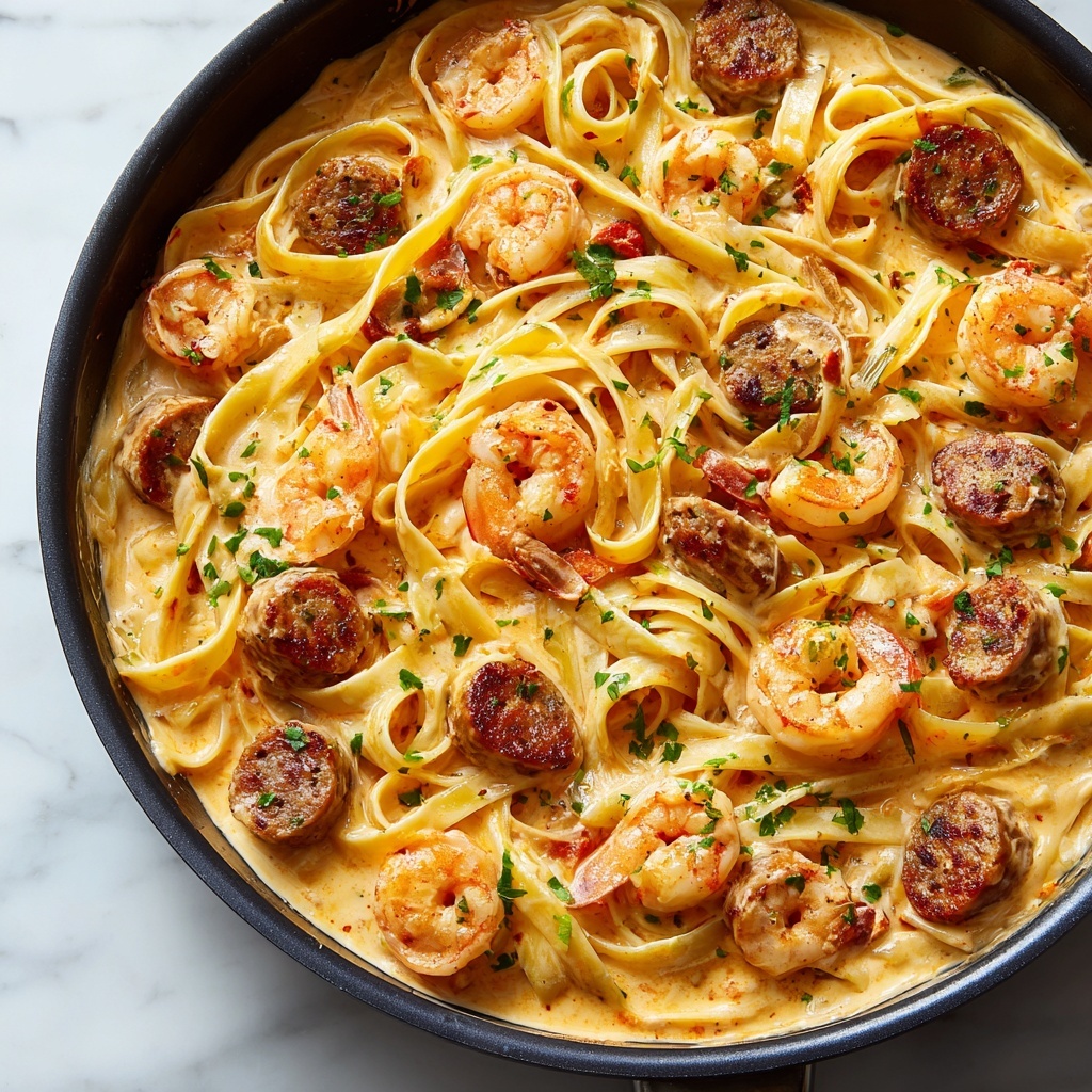Garlic Butter Shrimp and Sausage Skillet Pasta Recipe - Recipe Image