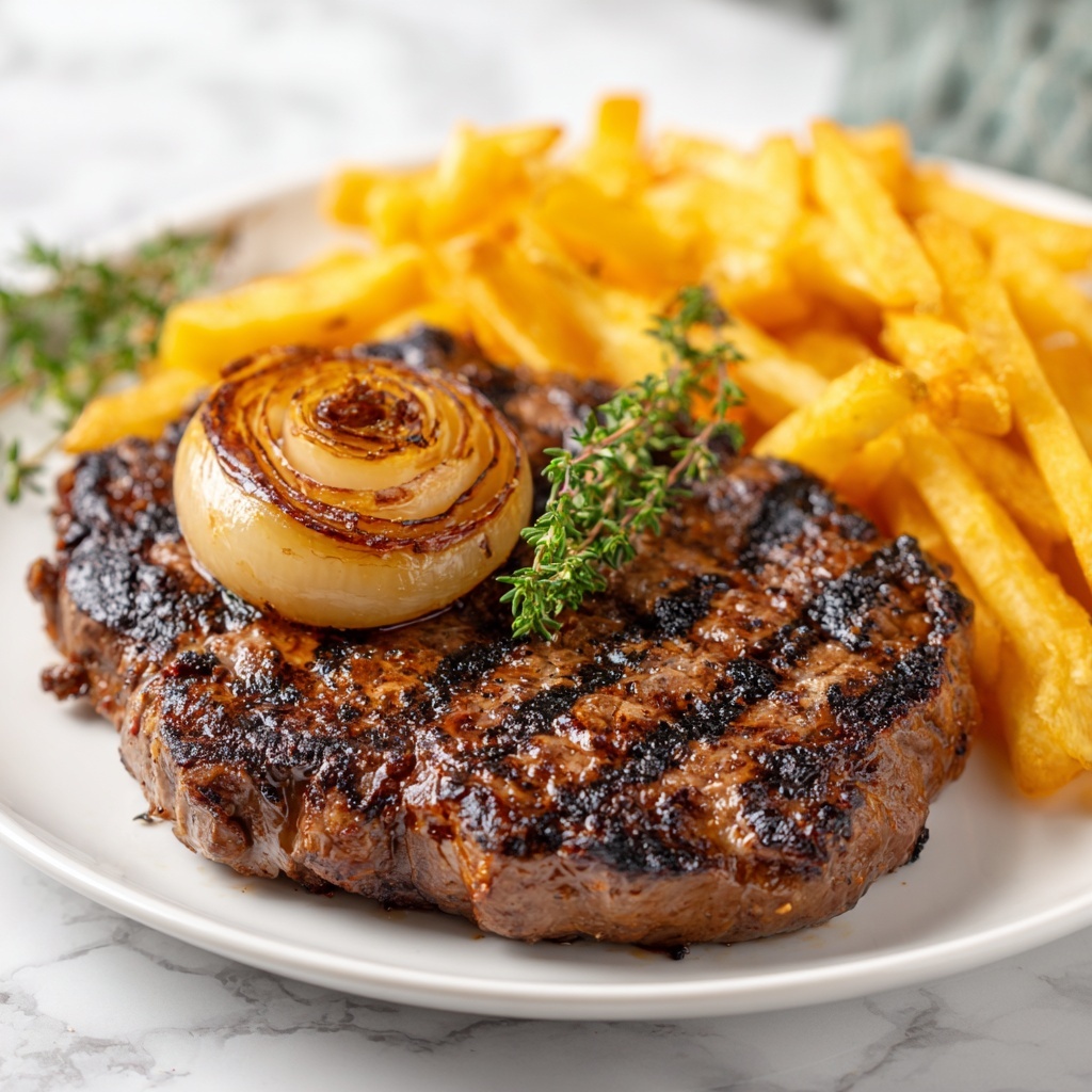 Ribeye Steak with Caramelized Onions and Crispy French Fries Recipe - Recipe Image