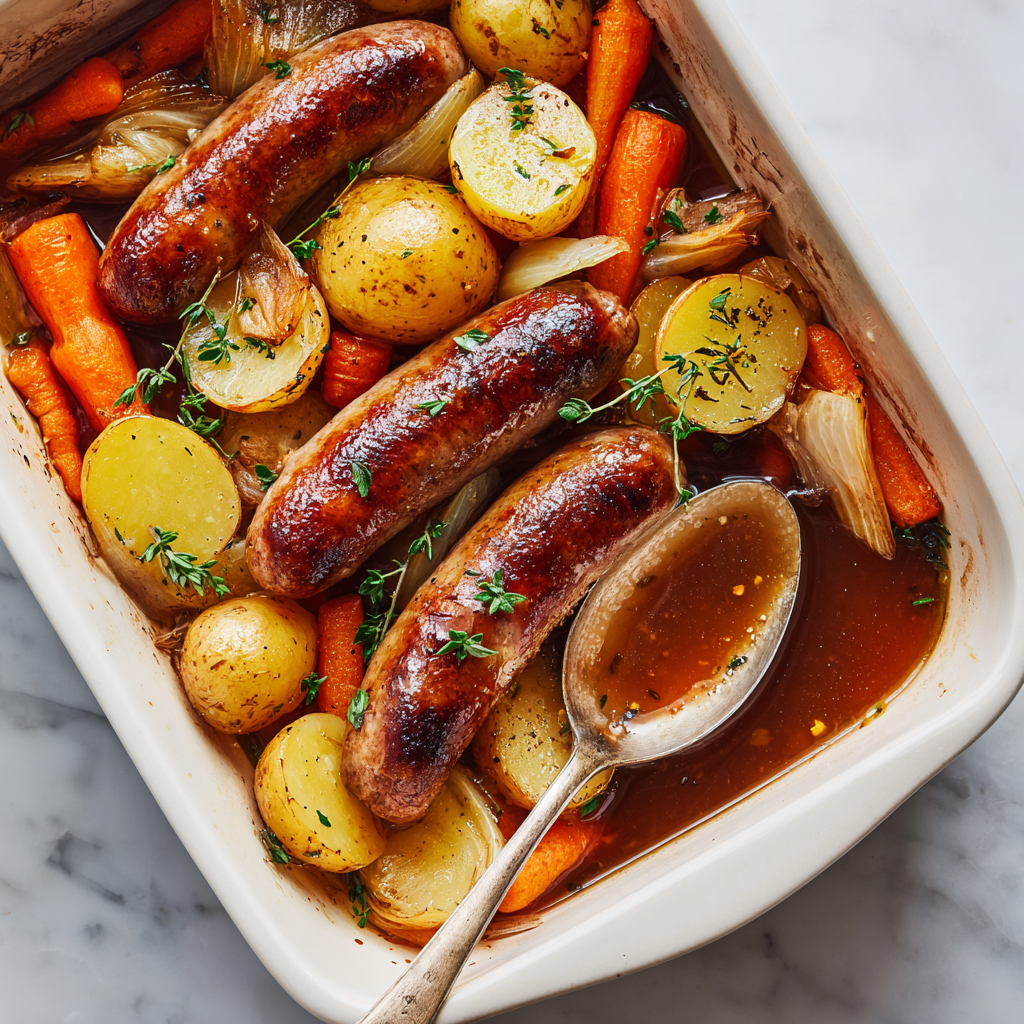 Oven Baked Sausages with Potatoes, Vegetables, and Gravy Recipe - Recipe Image