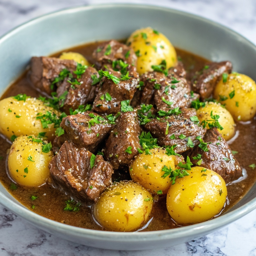 Slow Cooker Garlic Butter Beef Bites & Potatoes Recipe - Recipe Image